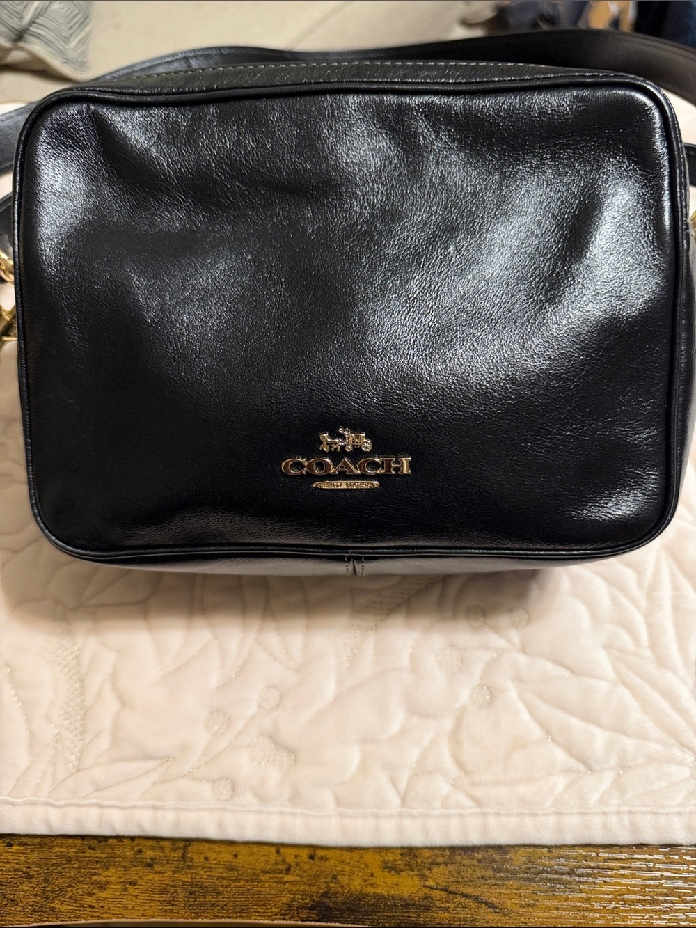 Coach Black Leather Crossbody Camera Bag with Gold Logo